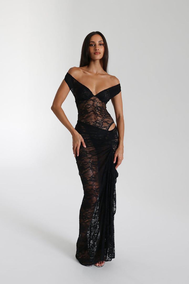 Selune - See-Through Lace Off-Shoulder Maxi Dress