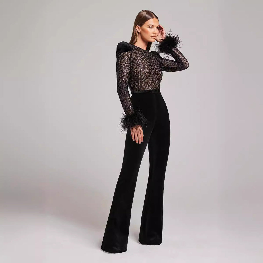 Lenira - Fur Sleeves Lace Slim Fit Jumpsuit