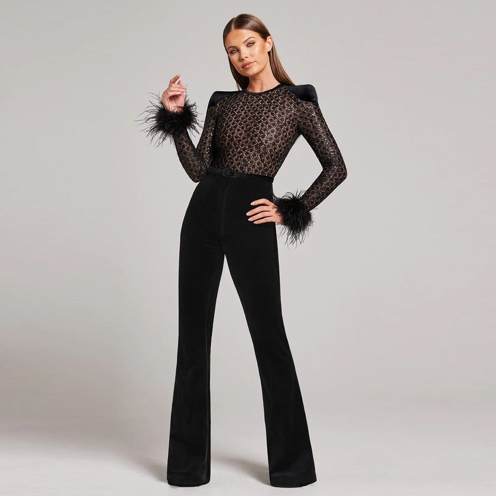 Lenira - Fur Sleeves Lace Slim Fit Jumpsuit