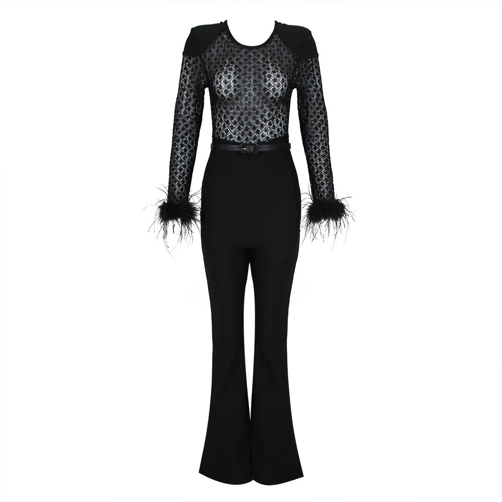 Lenira - Fur Sleeves Lace Slim Fit Jumpsuit